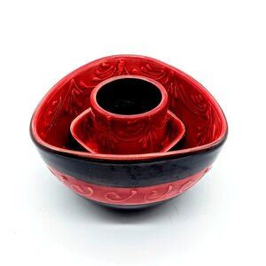 Handmade Majolique Fait Main Red Black 3-Pc. Ceramic Snack Set
